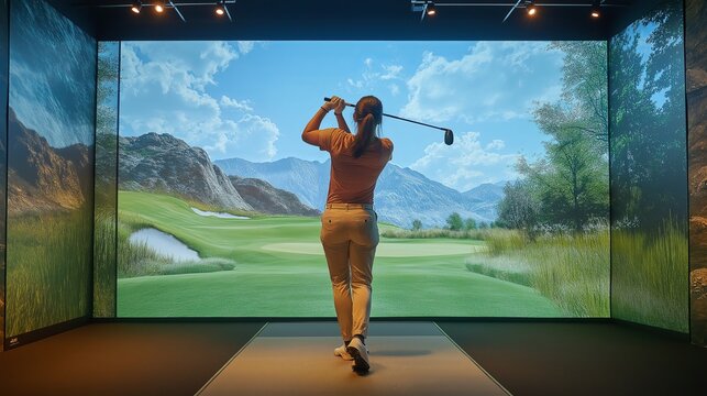 Golfer practicing swing using virtual reality simulator indoors