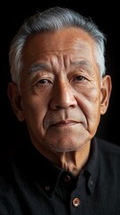 Obraz premium Dramatic portrait of elderly Asian man with silver hair against dark background, wearing black shirt. Dignified expression shows wisdom and life experience in wrinkled face.