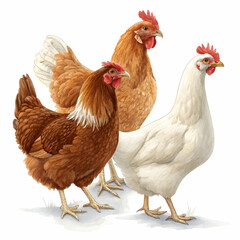 Fototapeta premium Two brown chickens and one white hen isolated on white background
