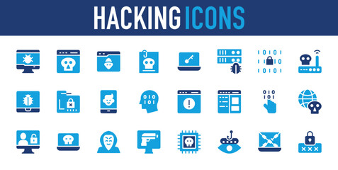 Set of Hacking icon. Unlock, Router, Web, Hacker, Bug, Skull, Monitor, Chip, Cyber Eye, Laptop, Password, Dark Web, File, Key, Server, Coding, Protected, User, Coding, Error, Web vector.