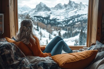 Woman relaxing and enjoying stunning winter mountain view from cozy cabin window