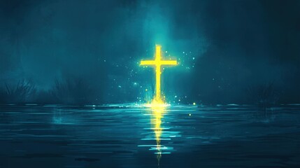Naklejka premium Illuminated Cross Reflecting on Calm Water in Serene Atmosphere