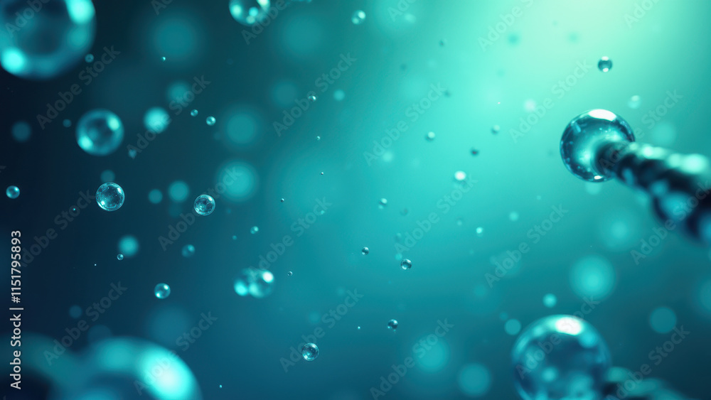 Poster bubbles floating in a blue liquid with a focus on a single bubble containing a strand of dna, repres