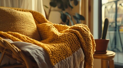 Cozy Knit Blanket and Pillow on Rattan Chair
