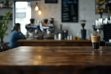 Obraz premium Coffee cup on wooden table in cafe.