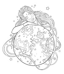 A fairy with long hair hugs the moon in the night sky with stars.. Coloring book antistress for children and adults.  Vector illustration isolated on white background.