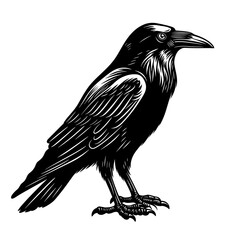 a black and white drawing of a crow