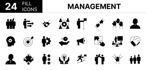 Collection of 24 management fill icons featuring editable strokes. These outline icons depict various modes of management, vector, illustration, business, chief, leadership, 
