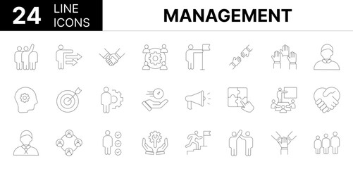 Collection of 24 management line icons featuring editable strokes. These outline icons depict various modes of management, vector, illustration, business, chief, leadership, 