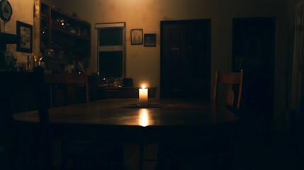 Dark room with faint emergency exit sign glow during power blackout, capturing sudden disruption and eerie stillness with scattered objects faintly visible in dim light.