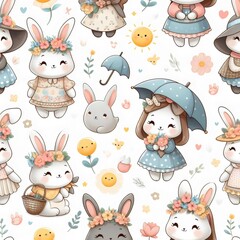 Easter wallpaper. Pattern with cartoon characters on a white background.