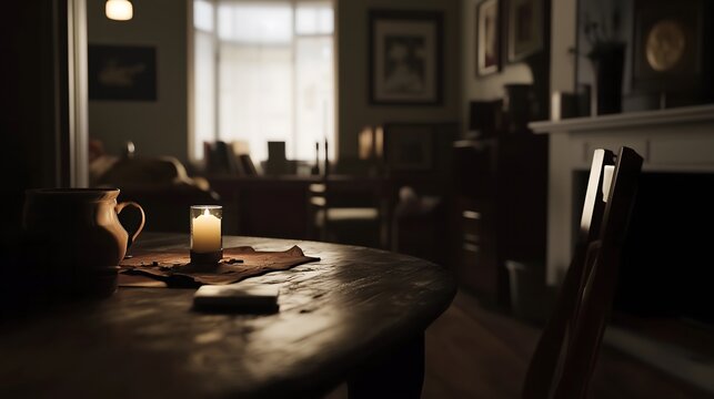 Dark room with faint emergency exit sign glow during power blackout, capturing sudden disruption and eerie stillness with scattered objects faintly visible in dim light.