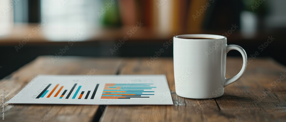 Poster a coffee mug sits beside a report with colorful graphs on a rustic wooden table, creating a cozy wor