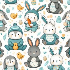 Children's wallpaper. Seamless pattern with cartoon animals on a white background.