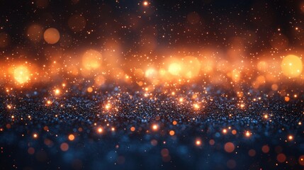 Abstract dark background with golden and blue bokeh lights and glitter.