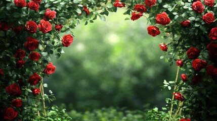 Obraz premium Lush Red Roses Framing a Soft Green Garden Background in Nature