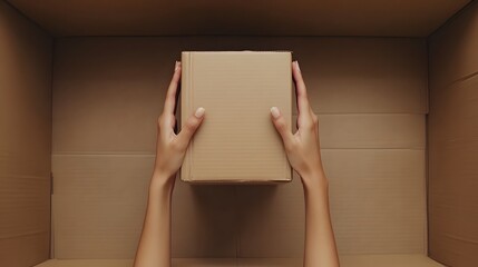 A pair of hands holding a small box inside a larger cardboard box.
