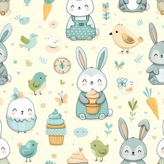 Easter seamless pattern with rabbits and birds.