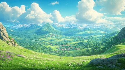 Obraz premium Serene Landscape with Vibrant Green Hills and Majestic Mountains