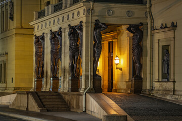The main entrance to the New Hermitage building at night.