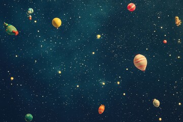 Colorful Balloons Drifting Through A Starry Night Sky