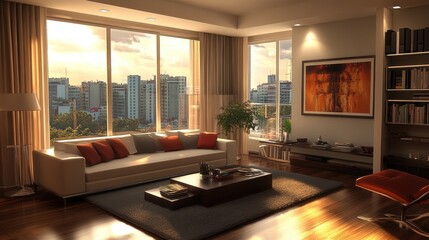 Luxury Apartment Living Room with City View at Sunset