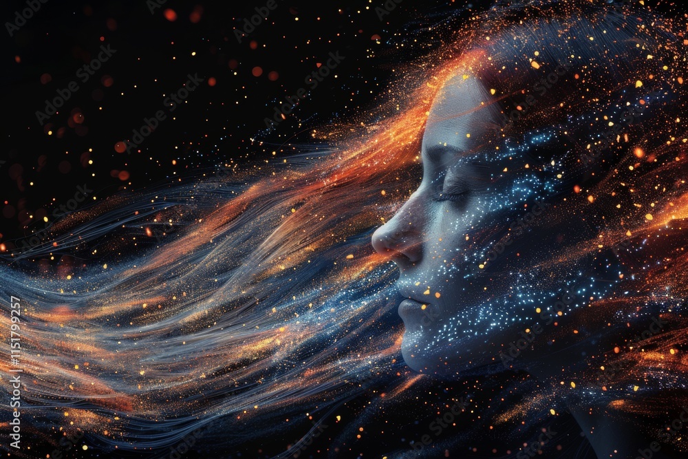 Poster futuristic human face featuring luminous neural patterns and advanced technology elements