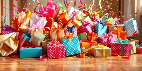 A colorful pile of wrapped gifts with ribbons and confetti scattered on a wooden floor.