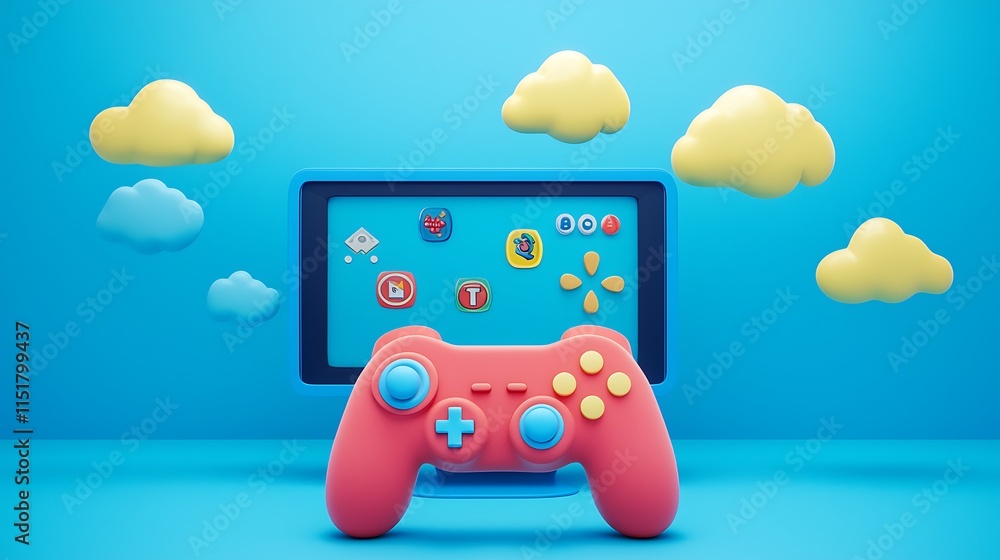 Poster cartoonish 3d render of a video game controller in front of a screen displaying app icons.