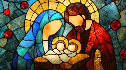 Colorful Stained Glass Depicting Family with Newborns in Cradle