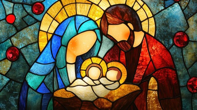 Colorful Stained Glass Depicting Family with Newborns in Cradle