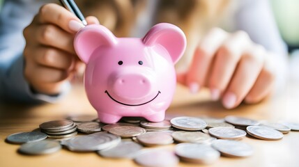 A person deposits coins into a pink piggy bank, symbolizing saving and financial planning.