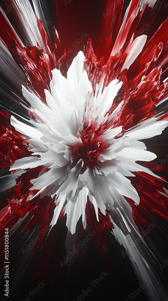 Poster crimson & white abstract bloom, a digital painting exploding with dynamic color and texture.