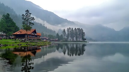 Obraz premium Misty mountain lake with lakeside house reflection.