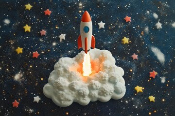 Naklejka premium Rocket launching through space amidst colorful stars