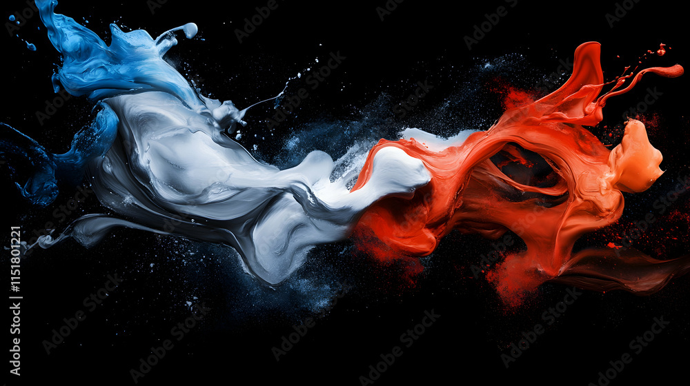 Poster abstract paint swirl, dynamic colors in motion, a vivid canvas of blue, red, and white hues explodin