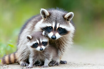 Adorable Raccoon Family, Mother and Kit Together in Nature's Embrace