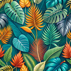 A vibrant seamless pattern of tropical leaves in various shades of green. orange. and red.