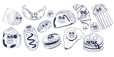 Set of retro cute food characters. Trendy sticker set with funky groovy food characters. Vector groovy element food breakfast. Croissant, hot dog, pancake, coffee, fried egg, sandwich, burrito