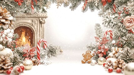 Festive Christmas Border Design with Gingerbread Man, Candy Canes, Holiday Flora, and Decor in an Elegant Art Deco Style, Perfect for Seasonal Greeting Cards and Decorations