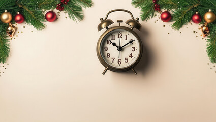 A festive clock surrounded by Christmas decorations, symbolizing New Year's Eve celebrations.