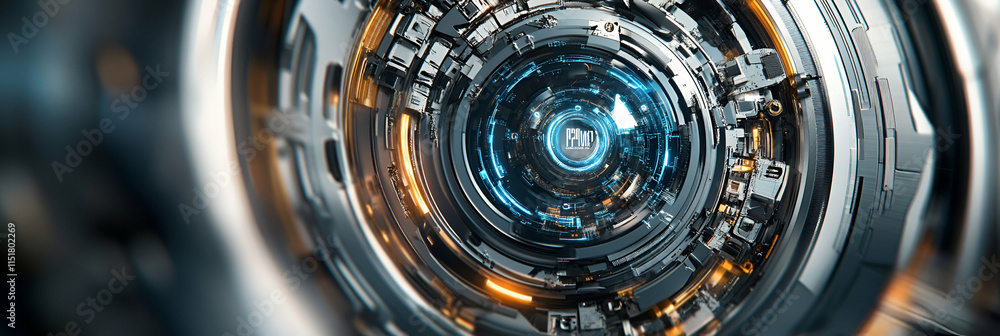 Poster futuristic tech core, a circular machine system illuminates brightly with advanced technology