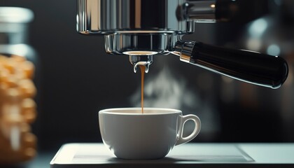 Espresso Machine Brewing Coffee Into White Cup