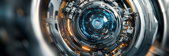 Futuristic Tech Core,  A Circular Machine System Illuminates Brightly with Advanced Technology
