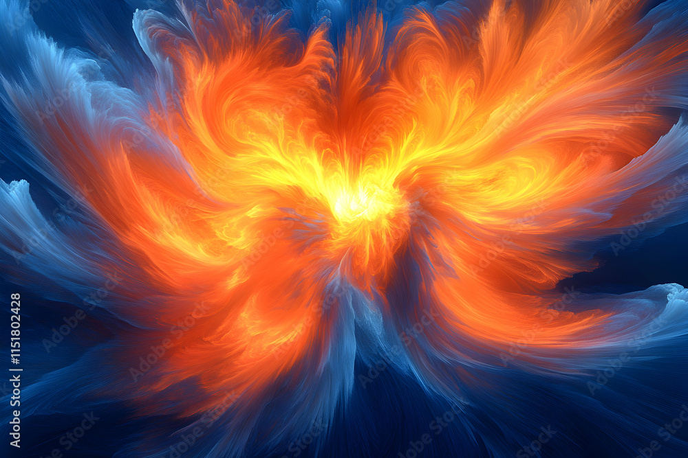 Poster fiery abstract swirl, energy explodes in a dynamic, colorful blaze of glory, creating a mesmerizing 