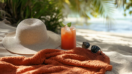 Straw Hat, Sunglasses, and a Red Beach Blanket on Sand with a Summer Drink