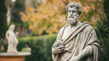 Fototapeta premium An ancient statue depicting a stoic man stands elegantly amidst vibrant autumn foliage. The serene environment enhances the timelessness of the sculpture, showcasing wisdom and contemplation