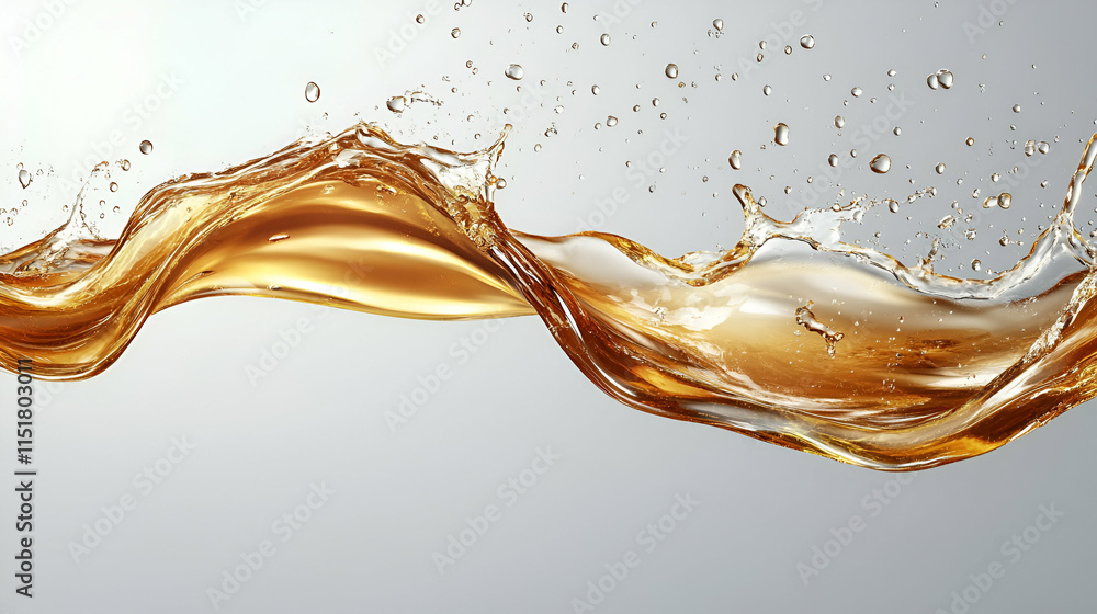 Poster golden liquid flowing dynamically, splashing elegantly across a neutral background. fluid dynamics a