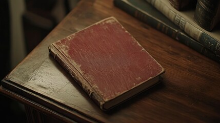 Antique Red Book Rests On Dark Wooden Table