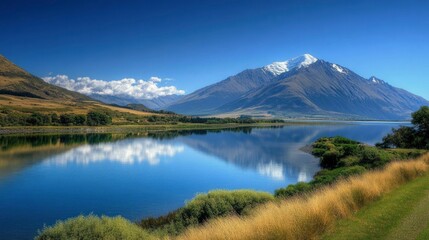 Serene mountain lake reflecting clouds and sky